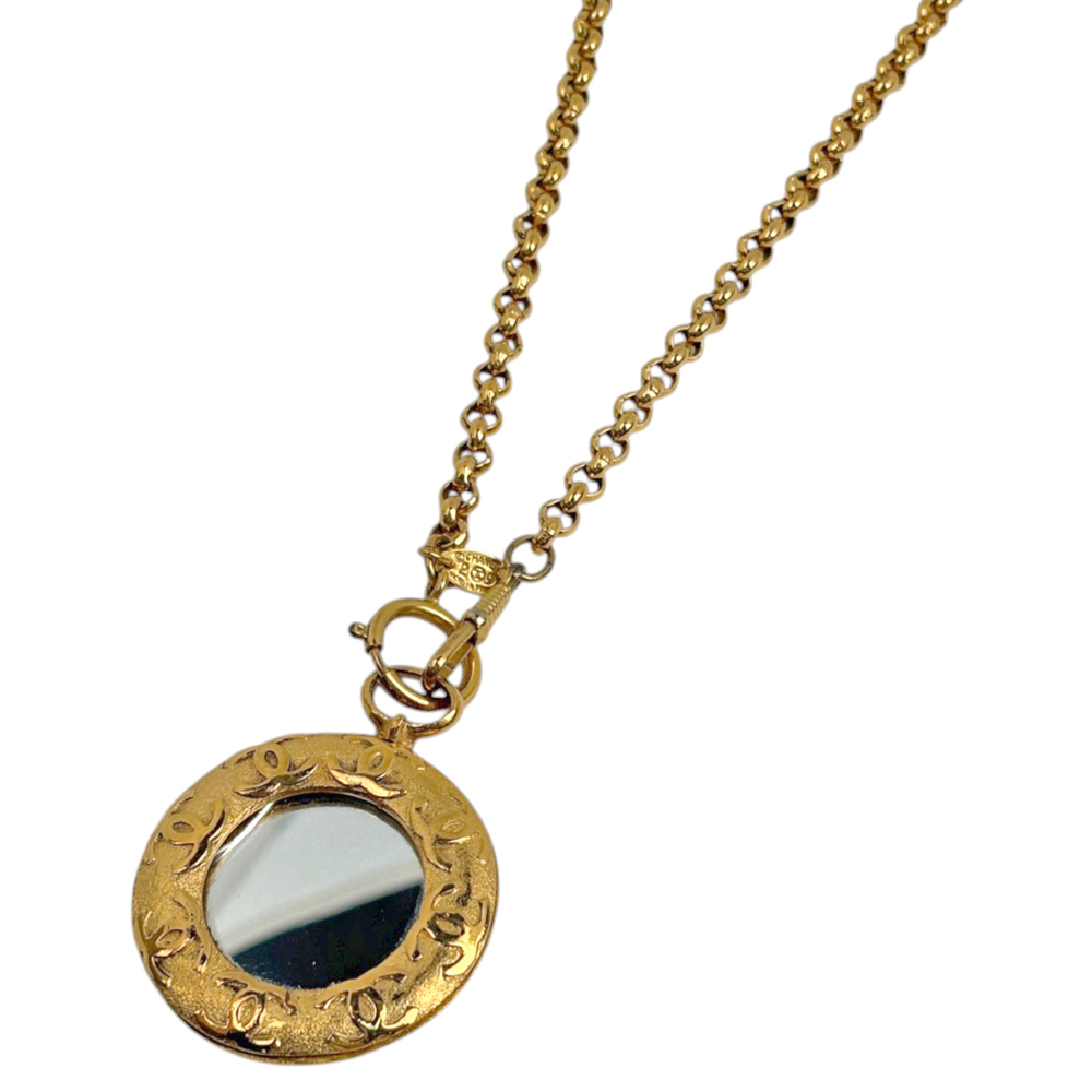 Chanel necklace, Coco Mark, mirror, round, long, GP gold, women's.